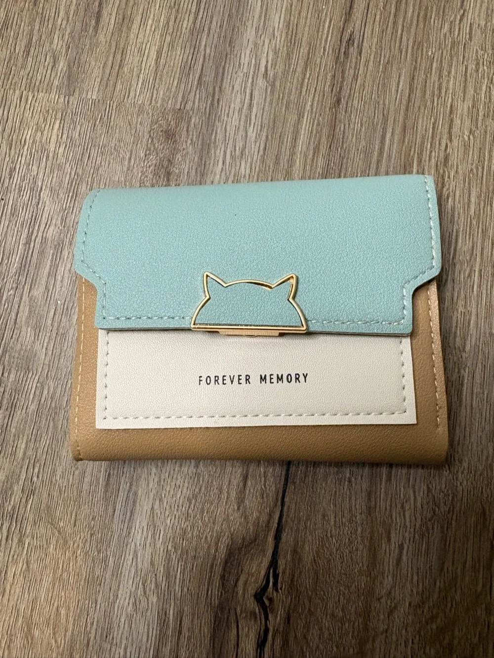 Forever Memory Color Block Trifold Wallet Cat Clasp NWT Korean Style Blue/Tan